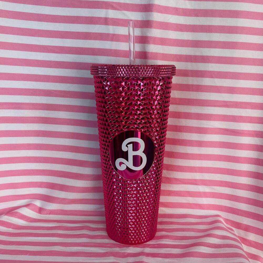 Barbie 24 oz studded hot pink tumbler metallic double wall insulated plastic NWO